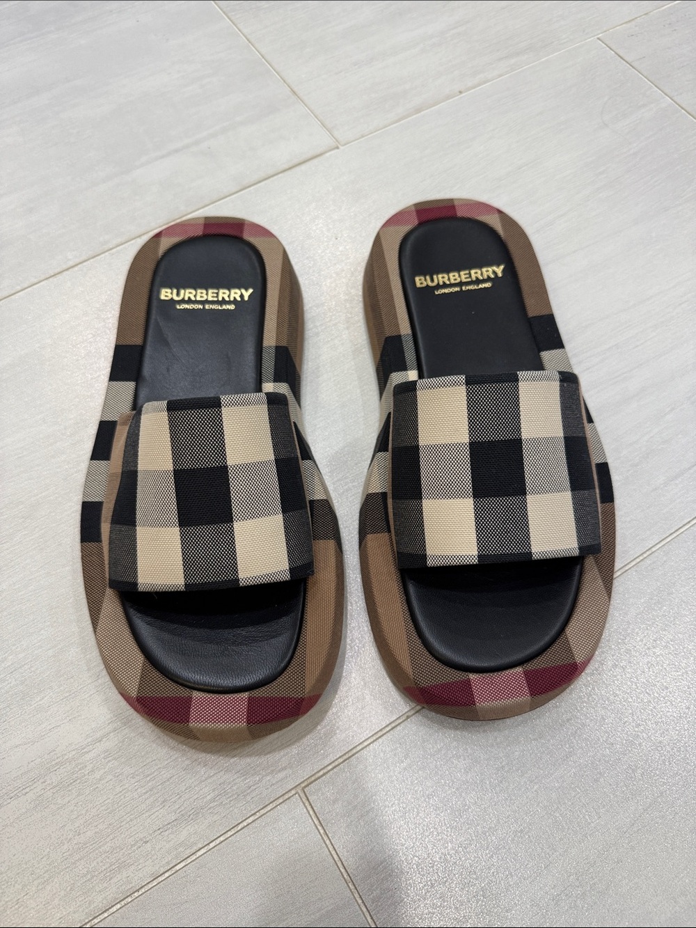 Burberry Plaid Slide Sandals in Beige Black and Red Accent